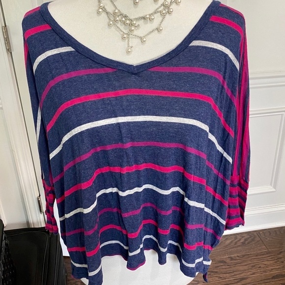 Ella Moss High Low Striped V-neck Top, XSmall - Picture 1 of 5